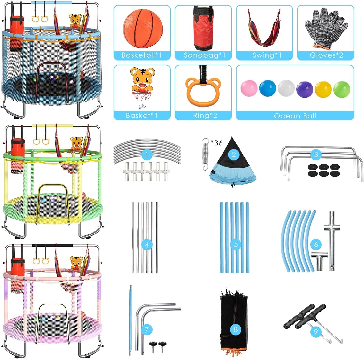 Kids’ Trampoline with Safety Net & Adjustable Gymnastics Bar - Image 3